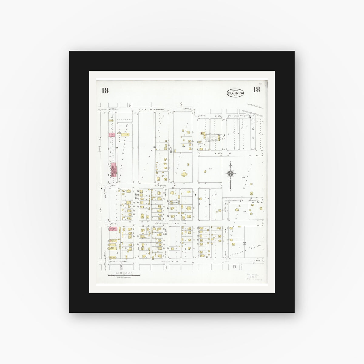 Old map wall art mockup — black gallery frame with white mat — Sanborn Fire Insurance Map from Plainview, Hale County, Texas (1927), Sheet #0018