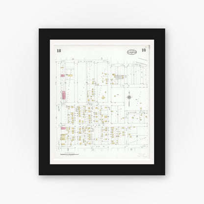 Old map wall art mockup — black gallery frame with white mat — Sanborn Fire Insurance Map from Plainview, Hale County, Texas (1927), Sheet #0018