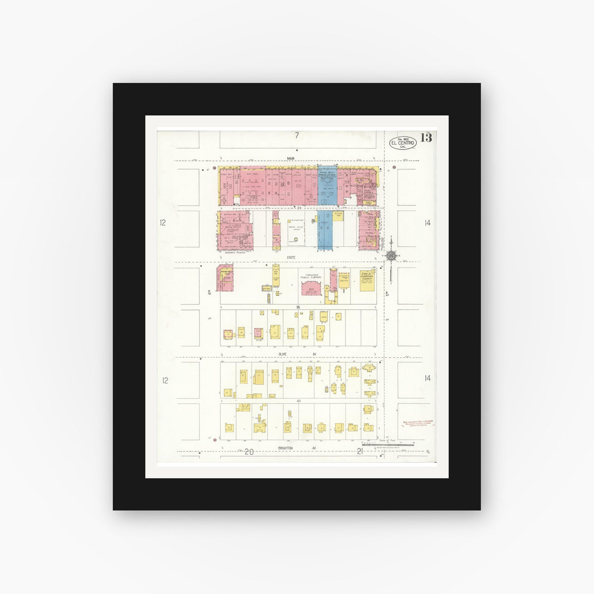 Old map wall art mockup — black gallery frame with white mat — Sanborn Fire Insurance Map from El Centro, Imperial County, California (1922), Sheet #0013