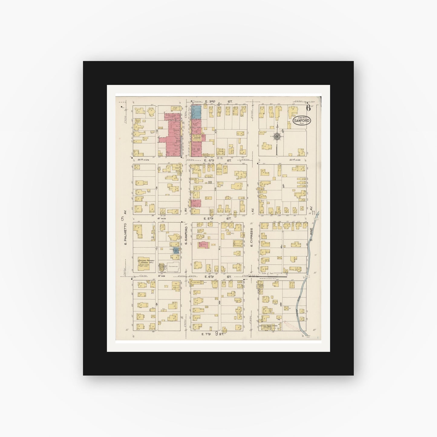 Old map wall art mockup — black gallery frame with white mat — Sanborn Fire Insurance Map from Sanford, Seminole County, Florida (1922), Sheet #0006