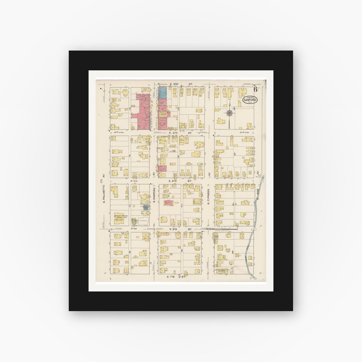 Old map wall art mockup — black gallery frame with white mat — Sanborn Fire Insurance Map from Sanford, Seminole County, Florida (1922), Sheet #0006