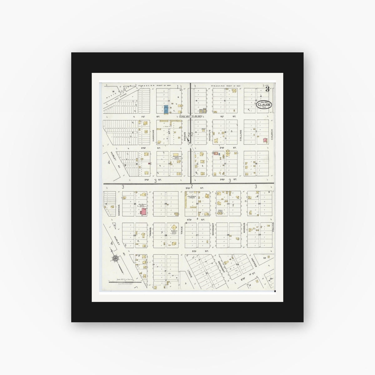 Old map wall art mockup — black gallery frame with white mat — Sanborn Fire Insurance Map from Claude, Armstrong County, Texas (1921), Sheet #0003