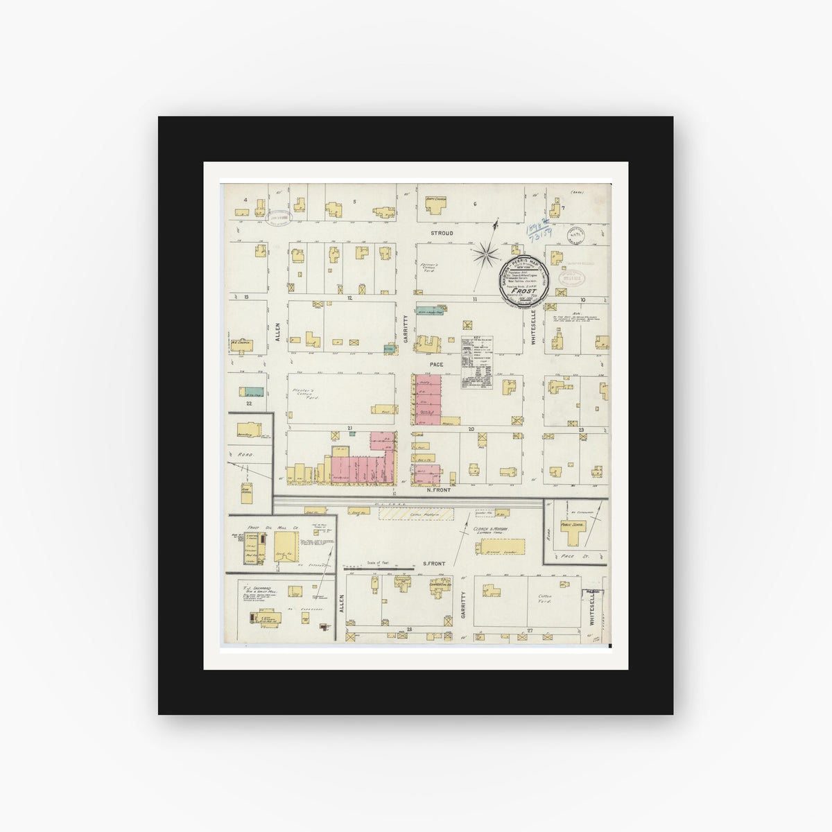 Old map wall art mockup — black gallery frame with white mat — Sanborn Fire Insurance Map from Frost, Navarro County, Texas (1898), Sheet #0001