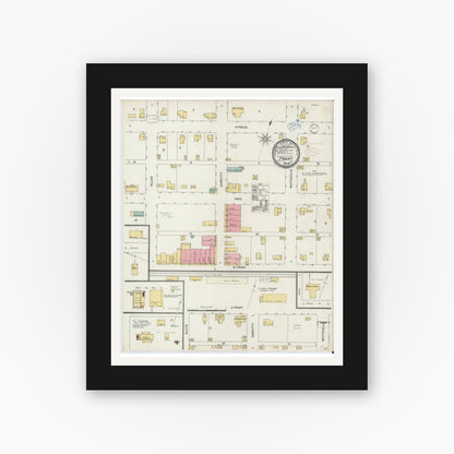 Old map wall art mockup — black gallery frame with white mat — Sanborn Fire Insurance Map from Frost, Navarro County, Texas (1898), Sheet #0001