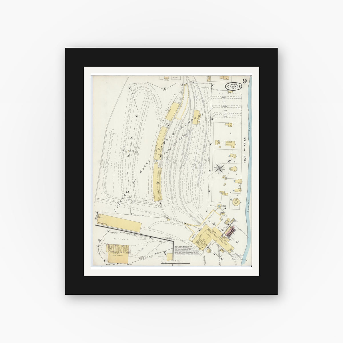 Old map wall art mockup — black gallery frame with white mat — Sanborn Fire Insurance Map from Orange, Orange County, Texas (1896), Sheet #0009