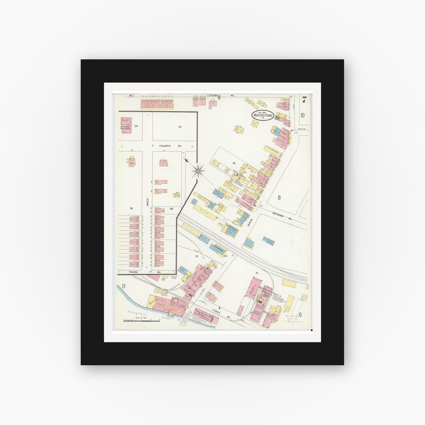 Old map wall art mockup — black gallery frame with white mat — Sanborn Fire Insurance Map from Royersford, Montgomery County, Pennsylvania (1909), Sheet #0007