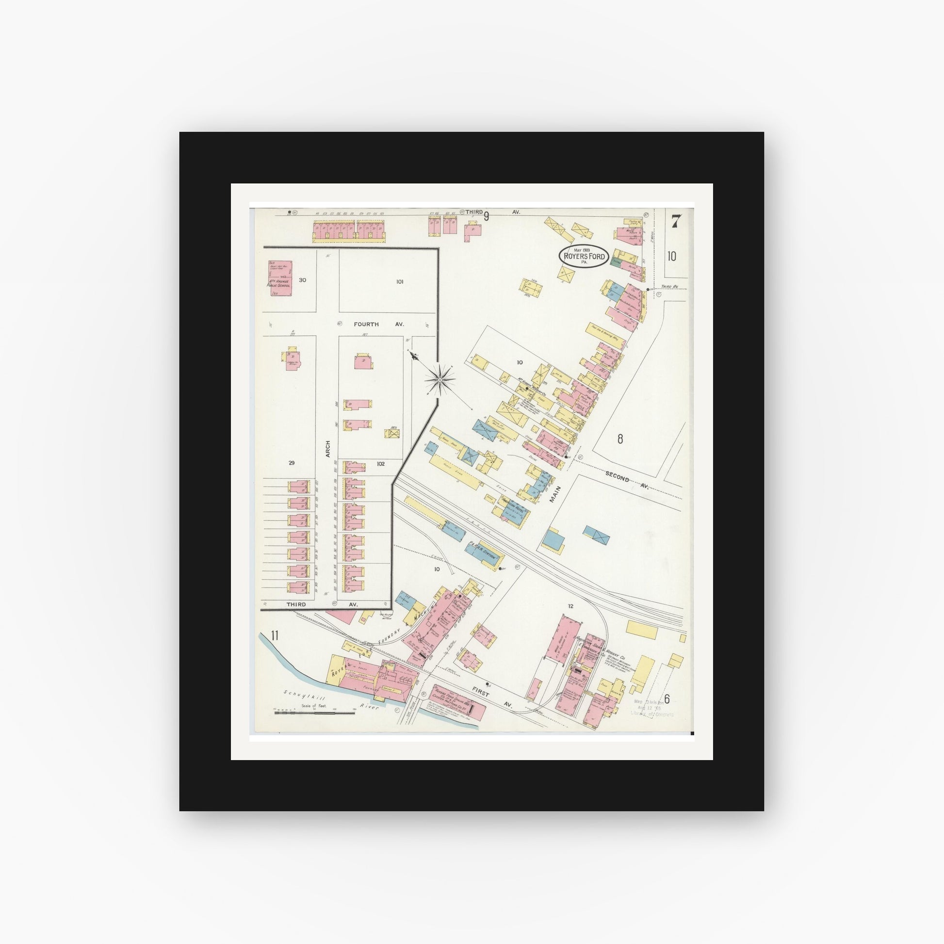 Old map wall art mockup — black gallery frame with white mat — Sanborn Fire Insurance Map from Royersford, Montgomery County, Pennsylvania (1909), Sheet #0007