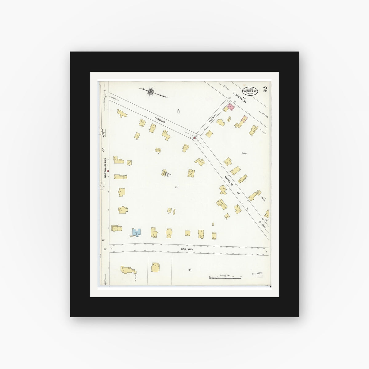 Old map wall art mockup — black gallery frame with white mat — Sanborn Fire Insurance Map from Amherst, Hampshire County, Massachusetts (1910), Sheet #0002