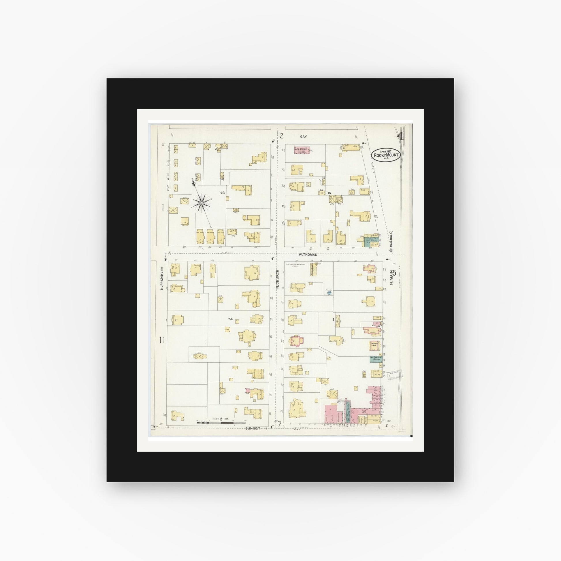 Old map wall art mockup — black gallery frame with white mat — Sanborn Fire Insurance Map from Rocky Mount, Edgecombe And Nash Counties, North Carolina (1907), Sheet #0004