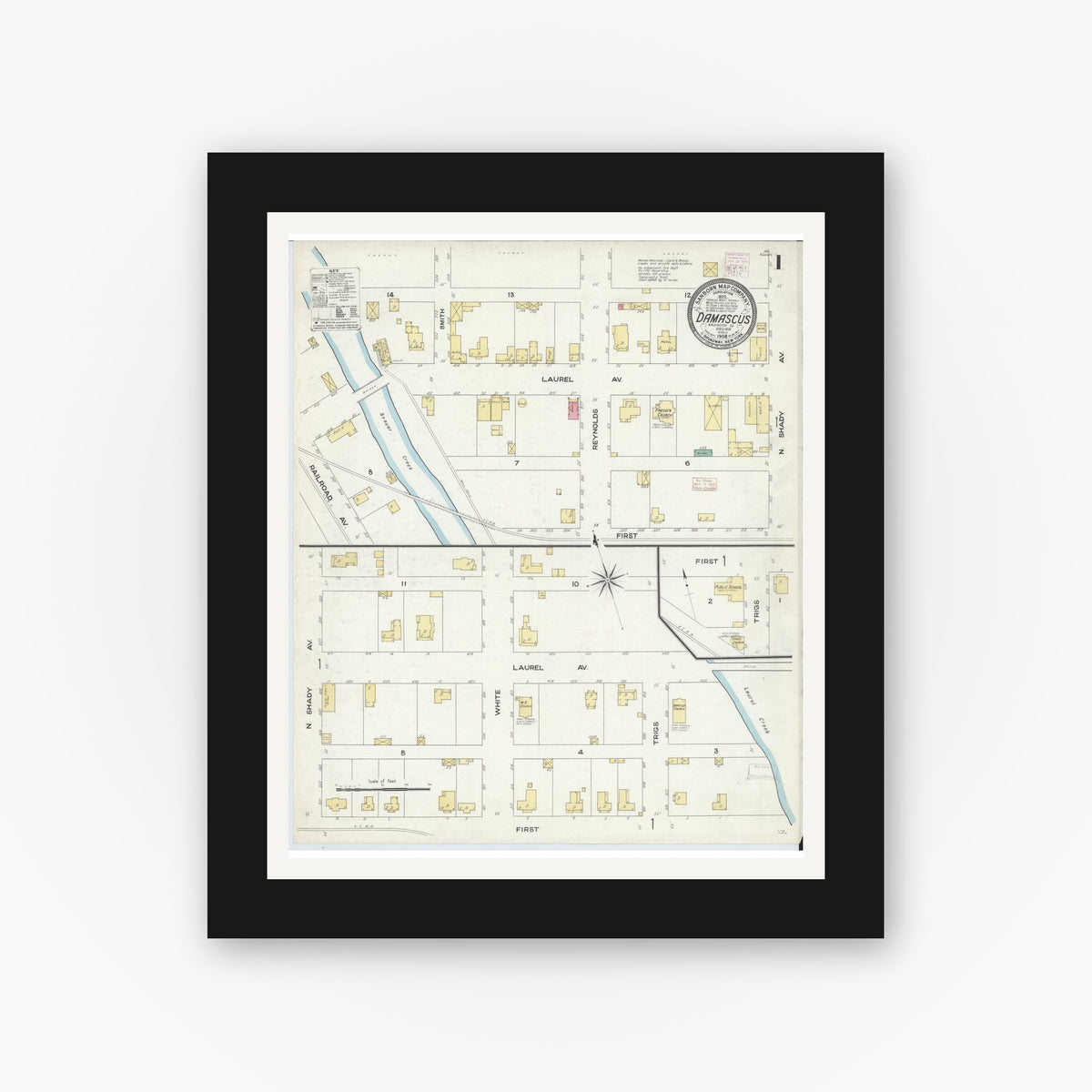 Old map wall art mockup — black gallery frame with white mat — Sanborn Fire Insurance Map from Damascus, Washington County, Virginia (1908), Sheet #0001