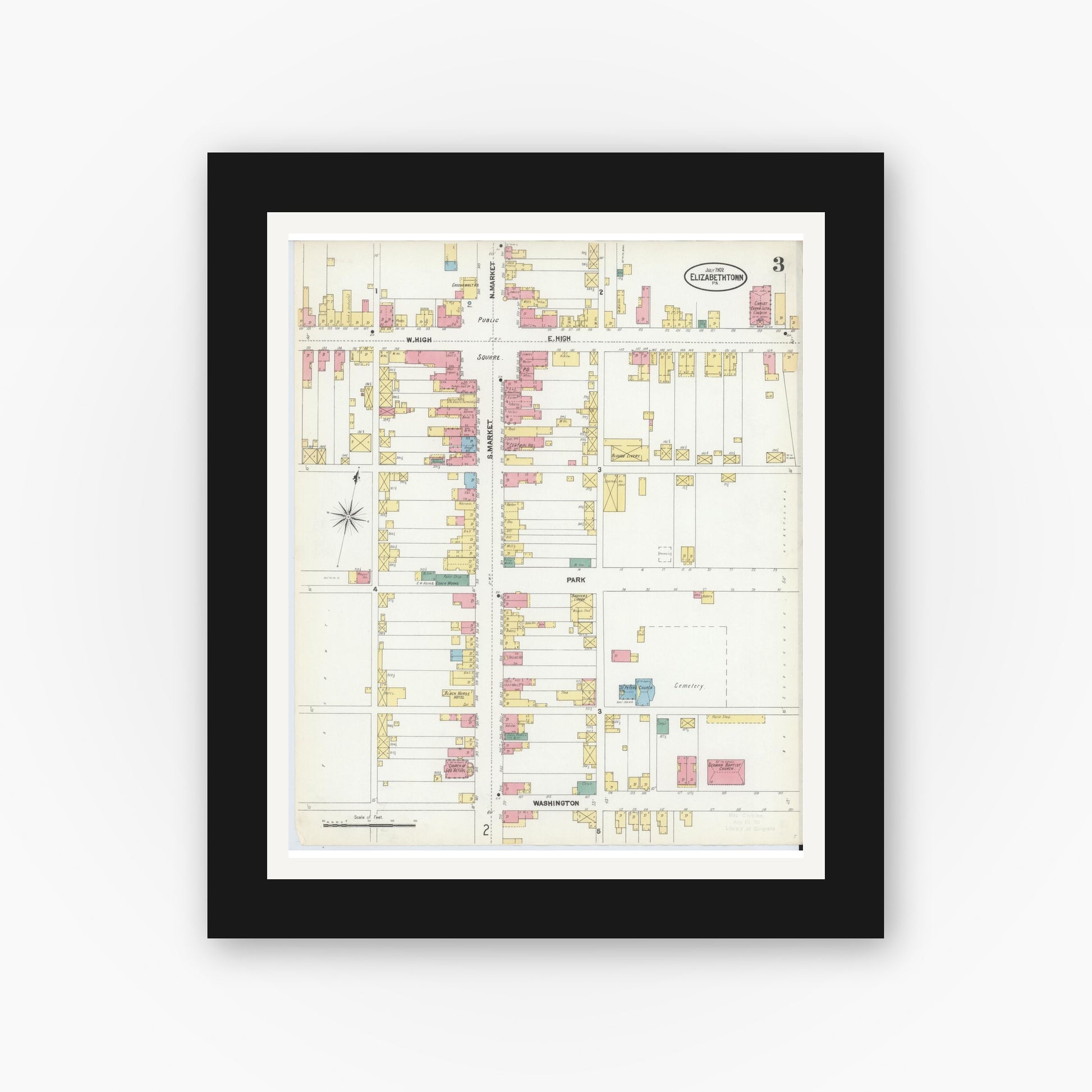 Old map wall art mockup — black gallery frame with white mat — Sanborn Fire Insurance Map from Elizabethtown, Lancaster County, Pennsylvania (1902), Sheet #0003