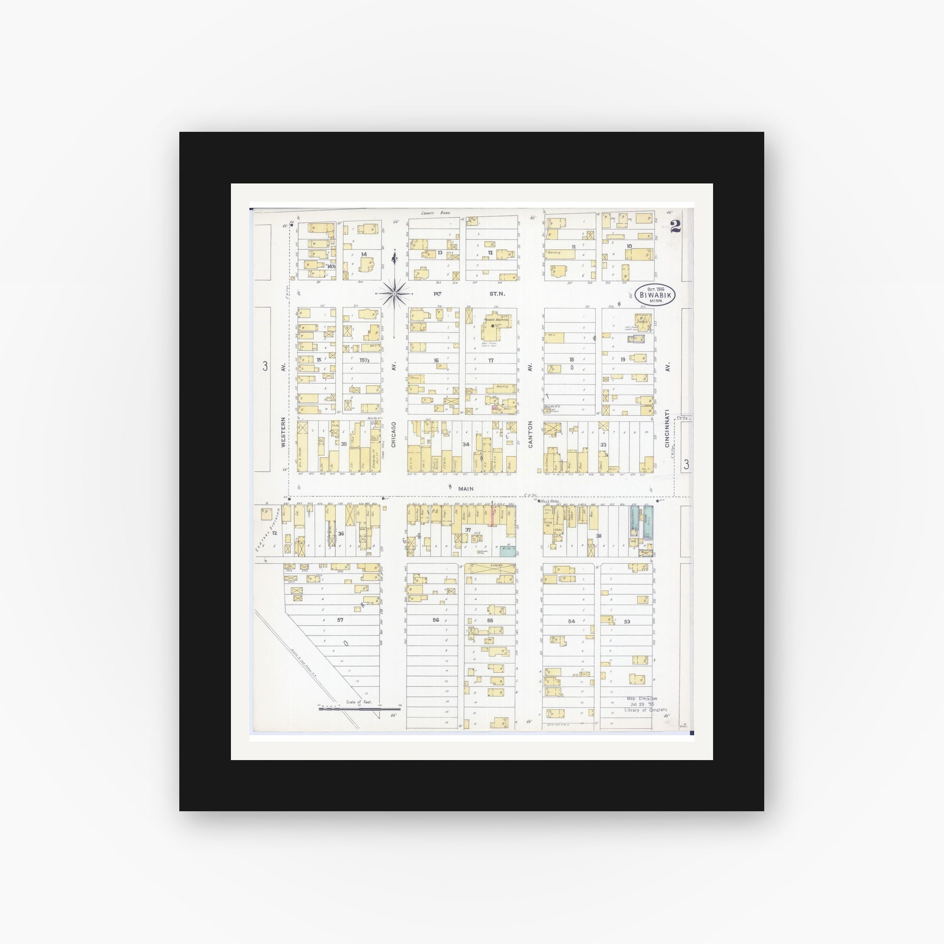 Old map wall art mockup — black gallery frame with white mat — Sanborn Fire Insurance Map from Biwabik, Saint Louis County, Minnesota (1906), Sheet #0002