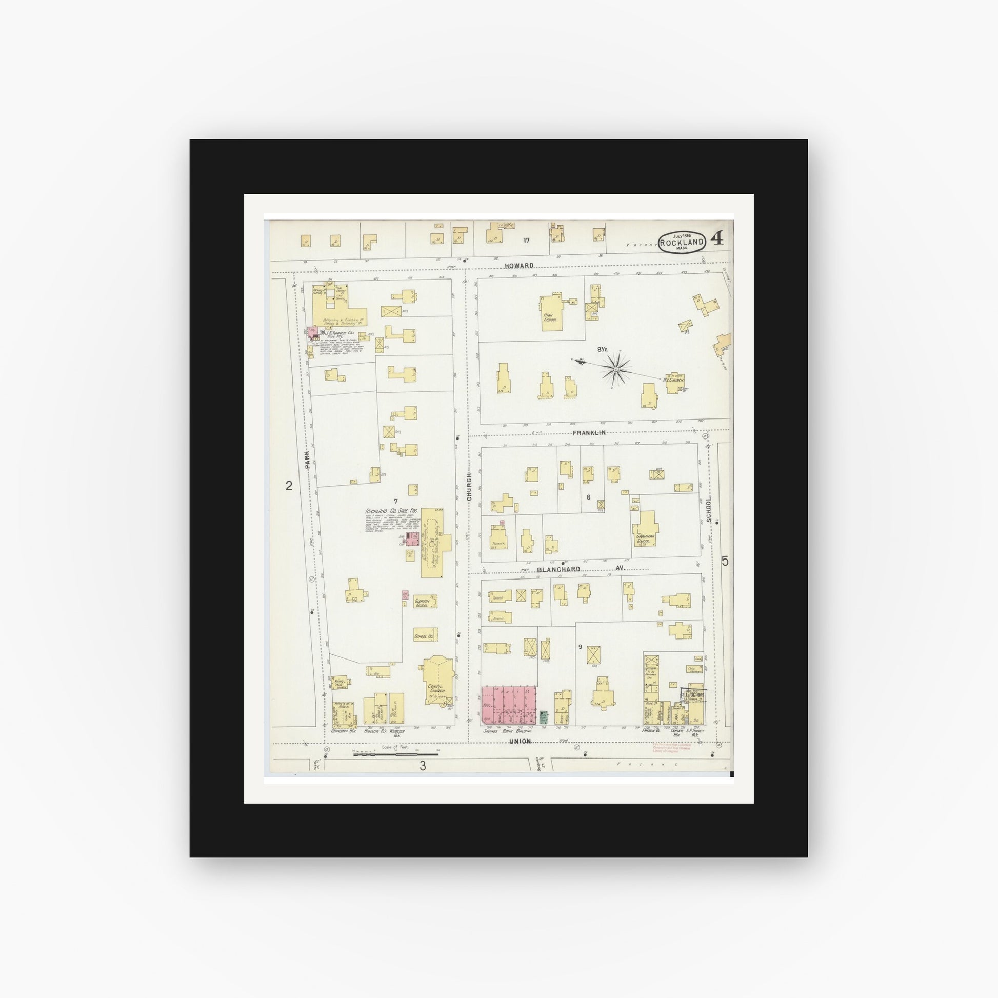 Old map wall art mockup — black gallery frame with white mat — Sanborn Fire Insurance Map from Rockland, Plymouth County, Massachusetts (1896), Sheet #0004