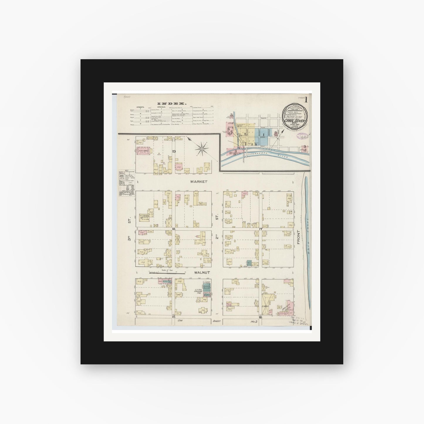 Old map wall art mockup — black gallery frame with white mat — Sanborn Fire Insurance Map from Canal Dover, Tuscarawas County, Ohio (1887) - Complete Map Set