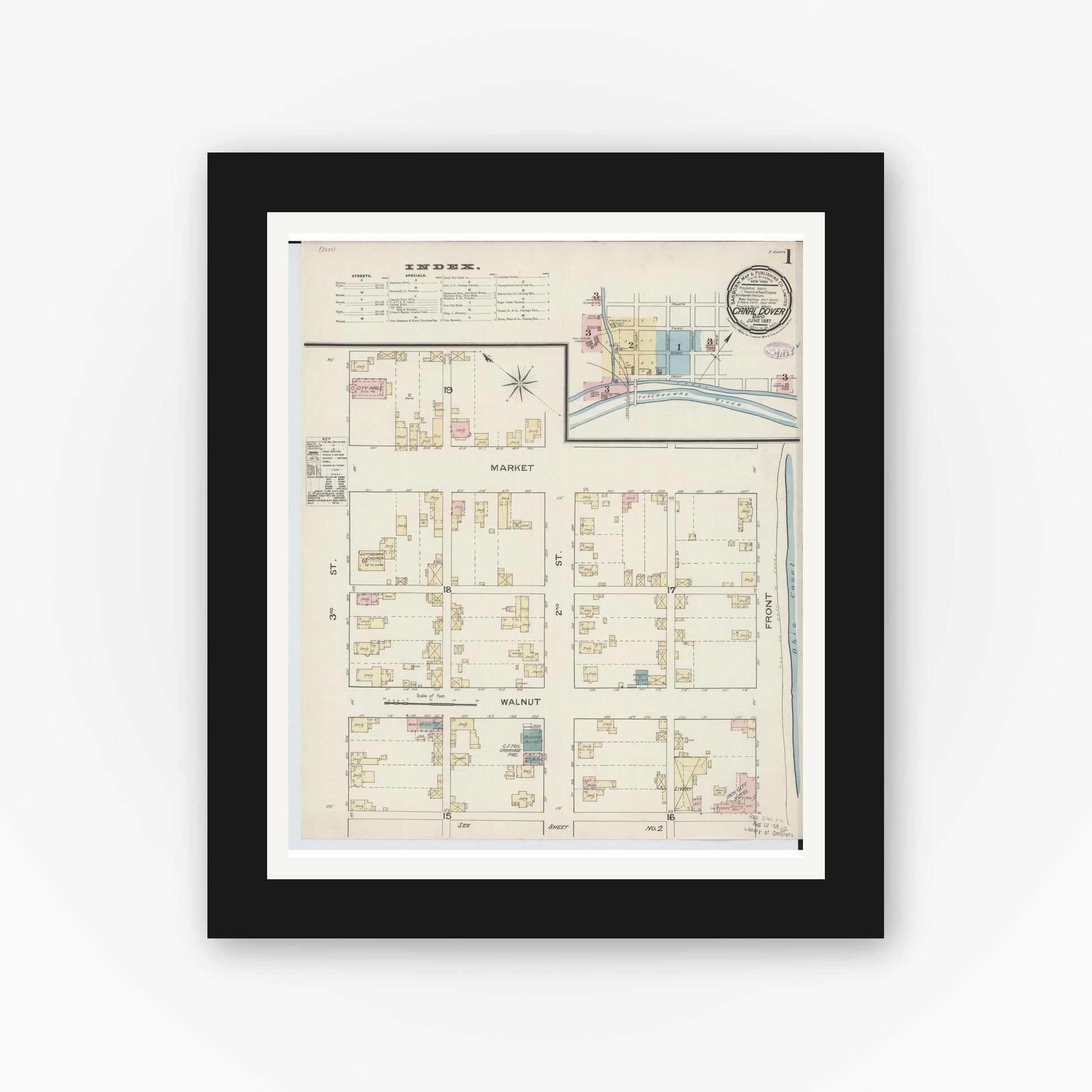 Old map wall art mockup — black gallery frame with white mat — Sanborn Fire Insurance Map from Canal Dover, Tuscarawas County, Ohio (1887) - Complete Map Set