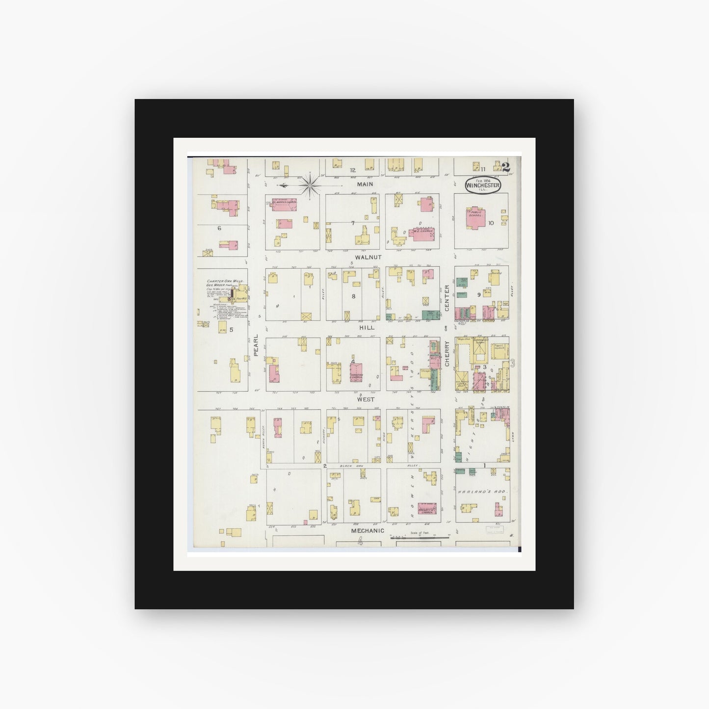 Old map wall art mockup — black gallery frame with white mat — Sanborn Fire Insurance Map from Winchester, Scott County, Illinois (1894), Sheet #0002