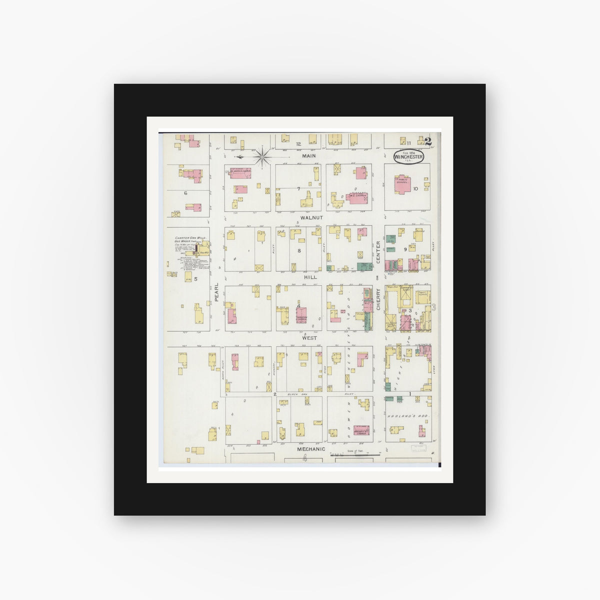 Old map wall art mockup — black gallery frame with white mat — Sanborn Fire Insurance Map from Winchester, Scott County, Illinois (1894), Sheet #0002