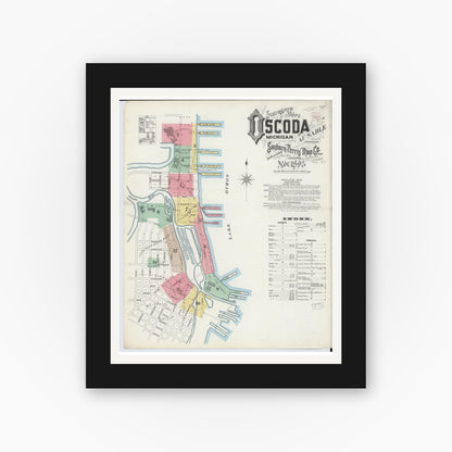 Old map wall art mockup — black gallery frame with white mat — Sanborn Fire Insurance Map from Oscoda, Iosco County, Michigan (1895), Sheet #0001