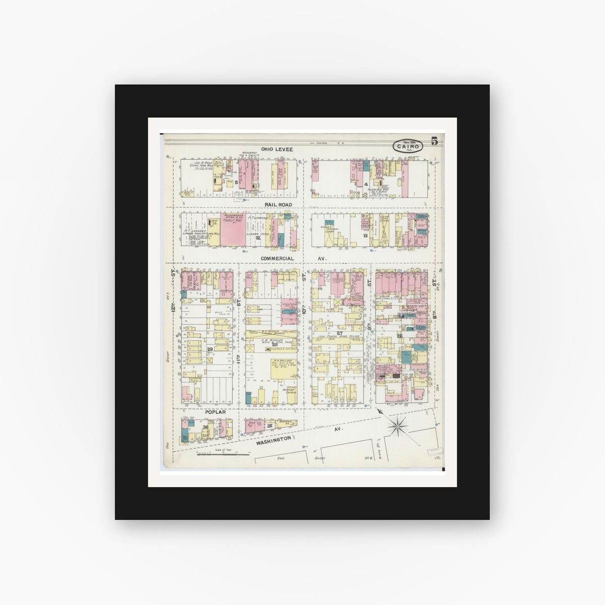 Old map wall art mockup — black gallery frame with white mat — Sanborn Fire Insurance Map from Cairo, Alexander County, Illinois (1891), Sheet #0005