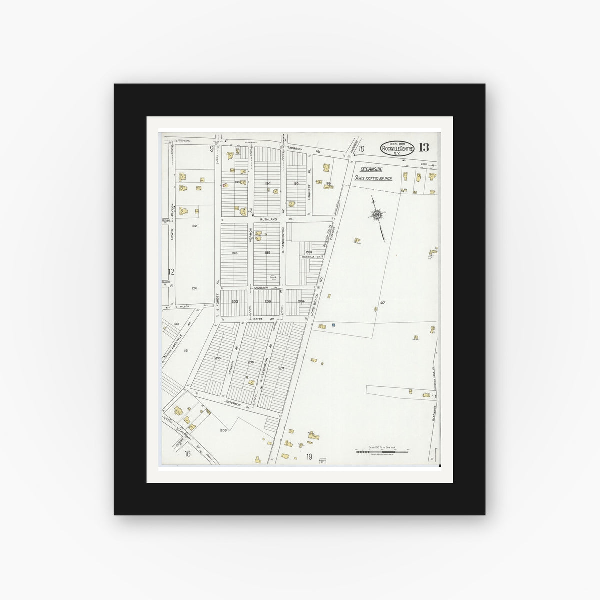 Old map wall art mockup — black gallery frame with white mat — Sanborn Fire Insurance Map from Rockville Centre, Nassau County, New York (1919), Sheet #0013