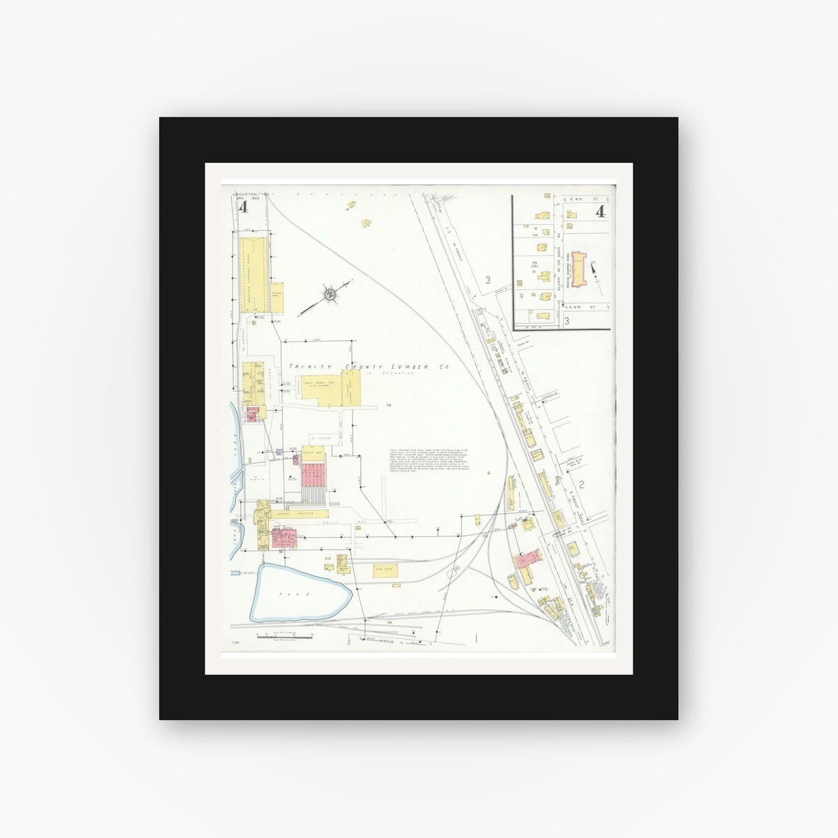 Old map wall art mockup — black gallery frame with white mat — Sanborn Fire Insurance Map from Groveton, Trinity County, Texas (1933), Sheet #0004