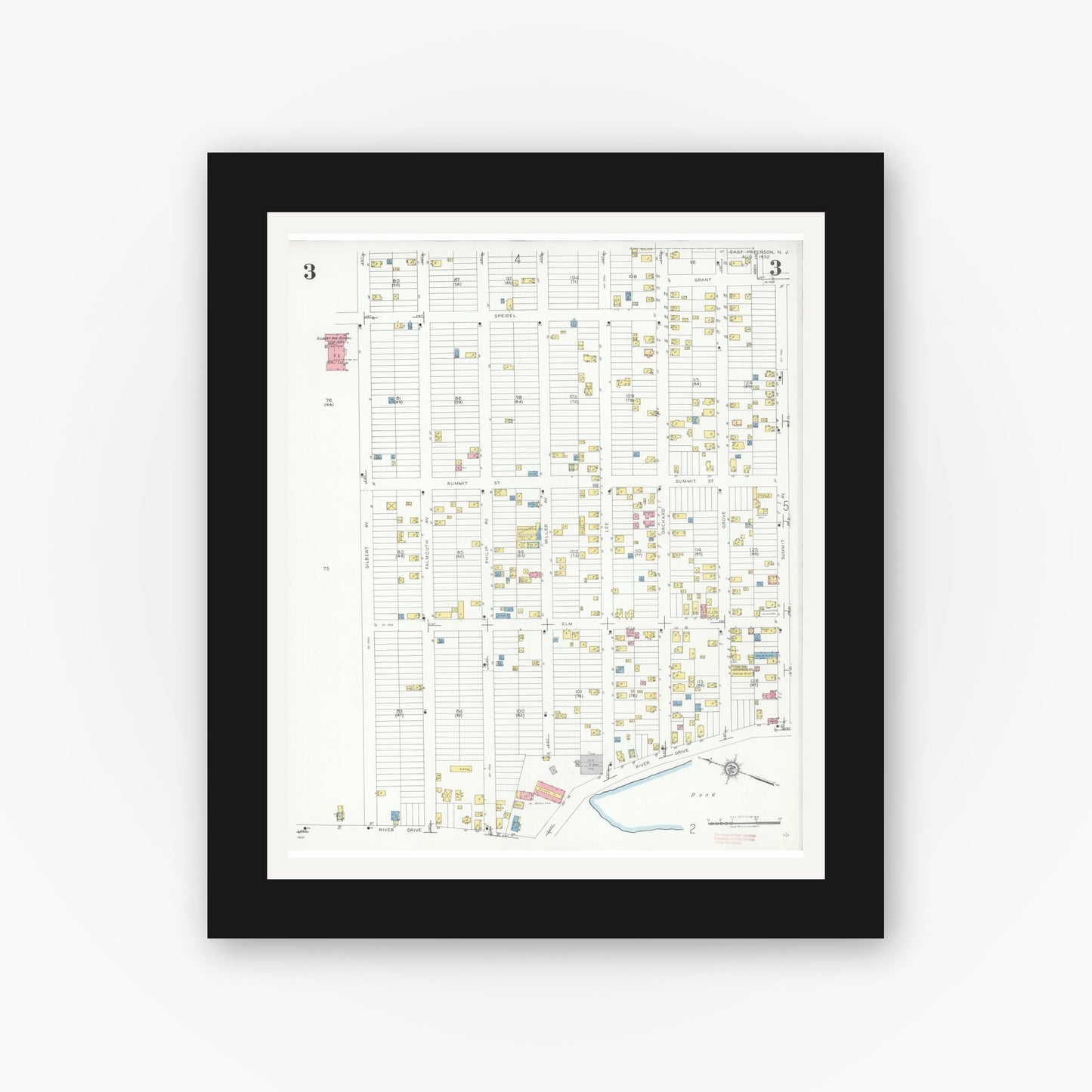 Old map wall art mockup — black gallery frame with white mat — Sanborn Fire Insurance Map from East Paterson, Bergen County, New Jersey (1932), Sheet #0003