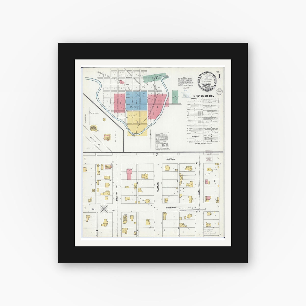 Old map wall art mockup — black gallery frame with white mat — Sanborn Fire Insurance Map from Preston, Fillmore County, Minnesota (1900) - Complete Map Set