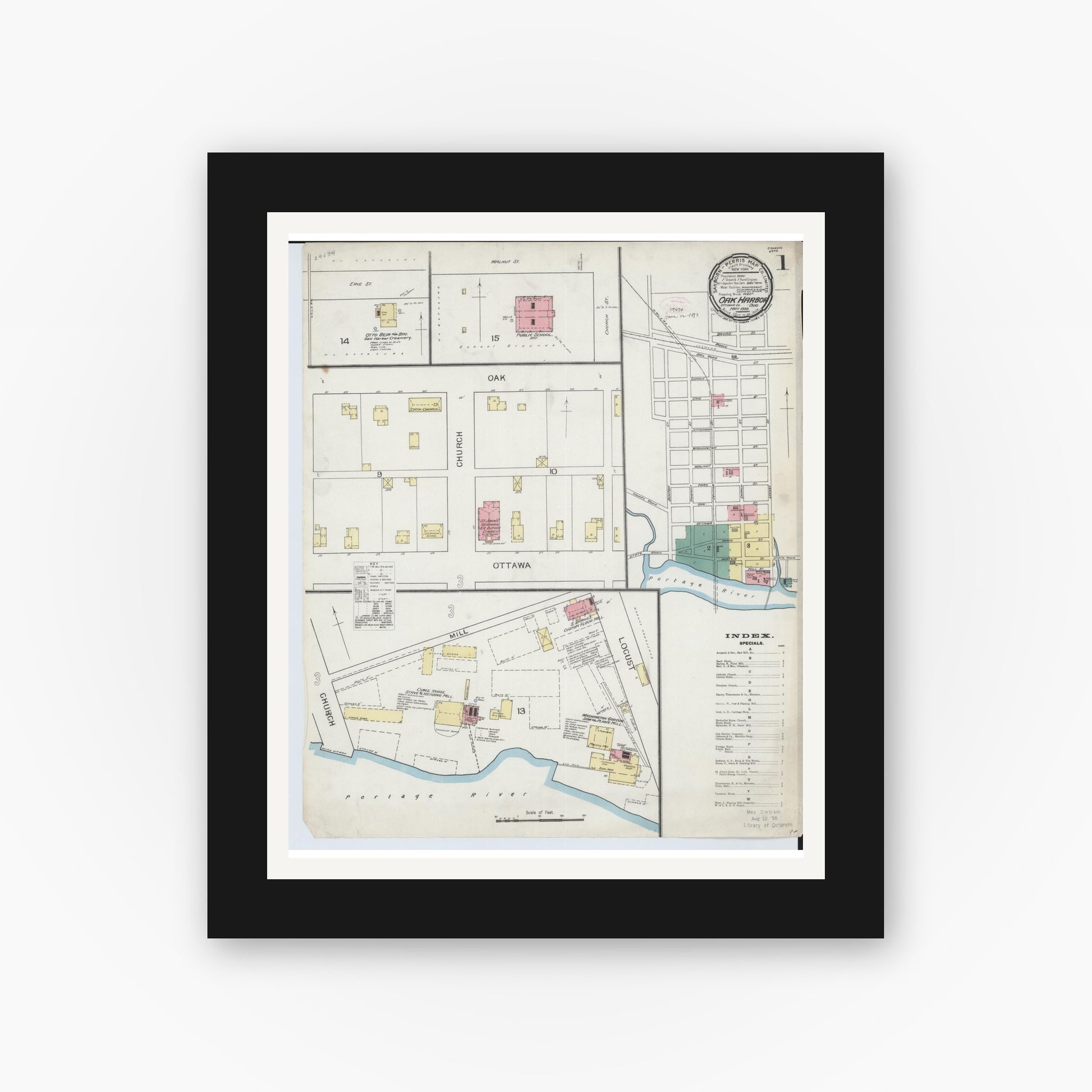 Old map wall art mockup — black gallery frame with white mat — Sanborn Fire Insurance Map from Oak Harbor, Ottawa County, Ohio (1893) - Complete Map Set
