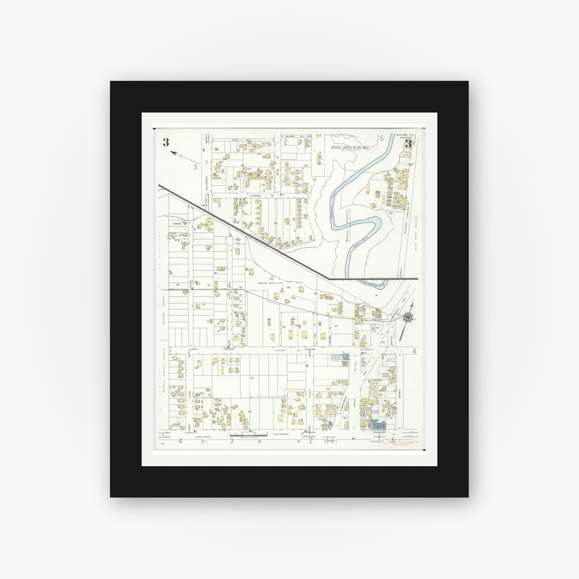 Old map wall art mockup — black gallery frame with white mat — Sanborn Fire Insurance Map from Wahiawa, Honolulu County, Hawaii (1942), Sheet #0003