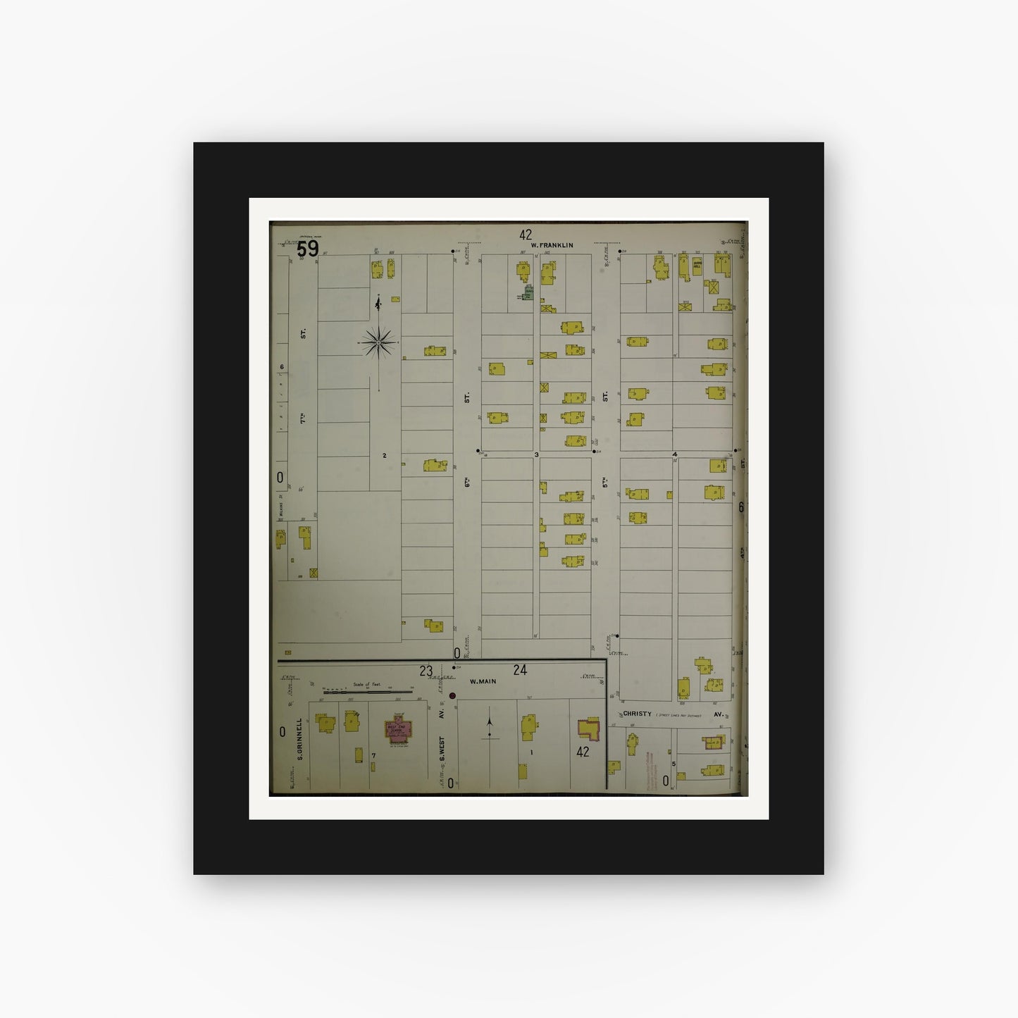 Old map wall art mockup — black gallery frame with white mat — Sanborn Fire Insurance Map from Jackson, Jackson County, Michigan (1907), Sheet #0059