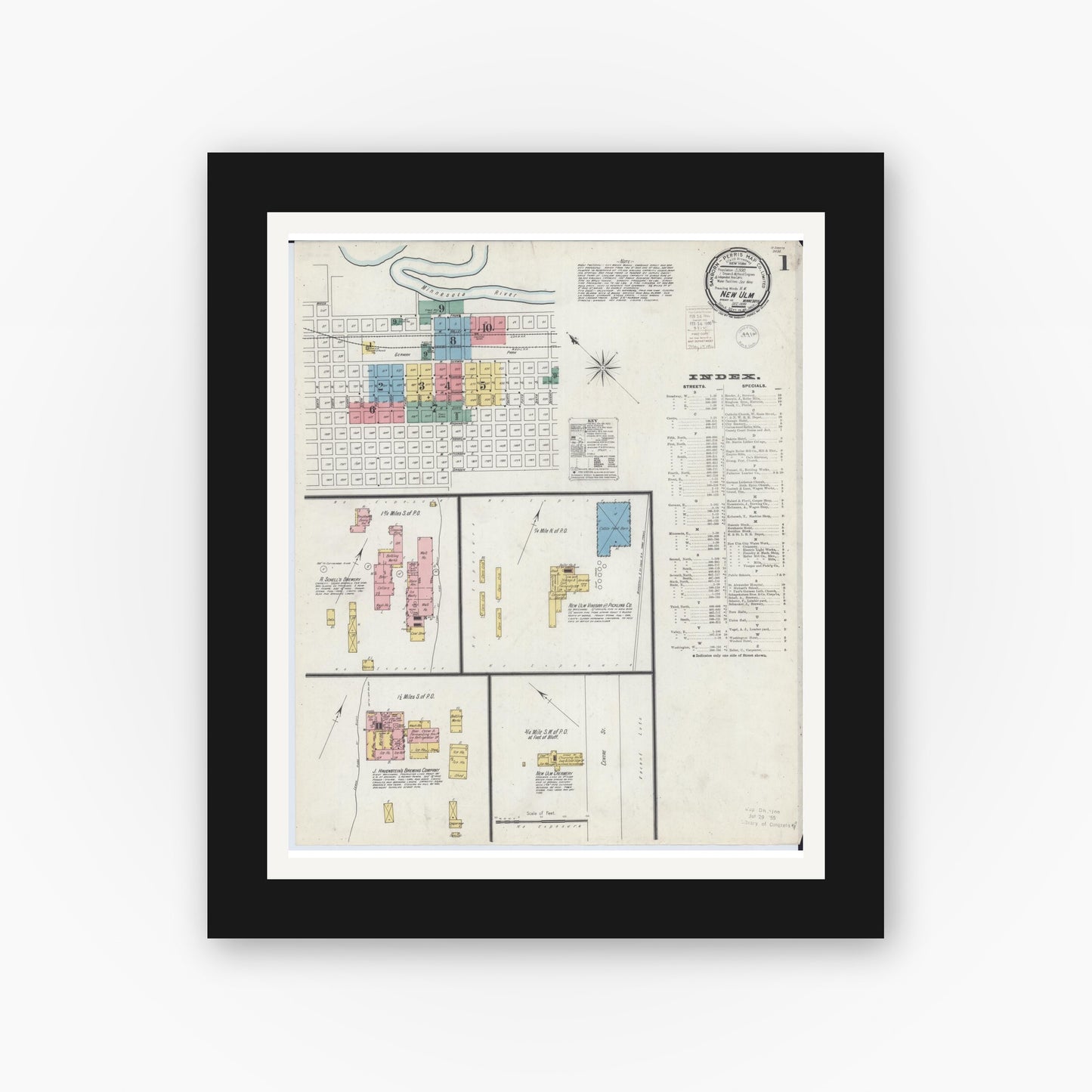 Old map wall art mockup — black gallery frame with white mat — Sanborn Fire Insurance Map from New Ulm, Brown County, Minnesota (1899), Sheet #0001