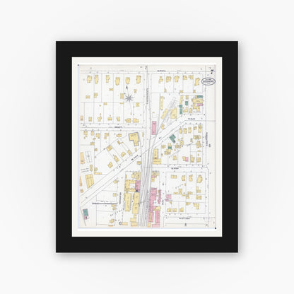 Old map wall art mockup — black gallery frame with white mat — Sanborn Fire Insurance Map from Sycamore, De Kalb County, Illinois (1905), Sheet #0007