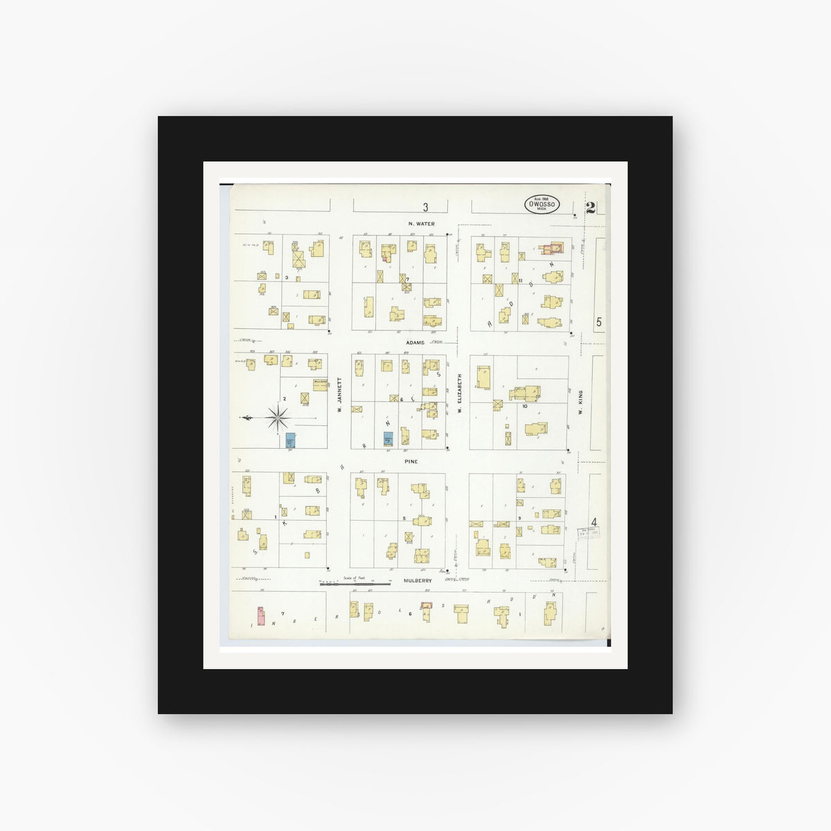 Old map wall art mockup — black gallery frame with white mat — Sanborn Fire Insurance Map from Owosso, Shiawassee County, Michigan (1908), Sheet #0002