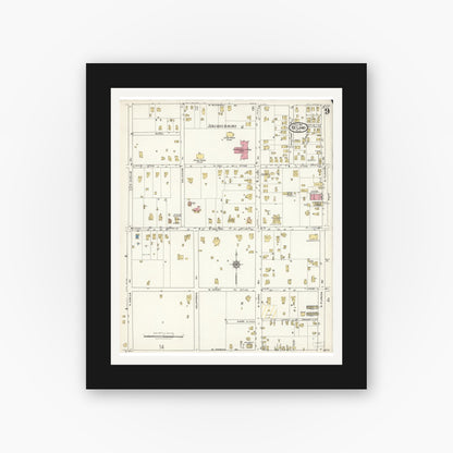 Old map wall art mockup — black gallery frame with white mat — Sanborn Fire Insurance Map from De Land, Volusia County, Florida (1921), Sheet #0009