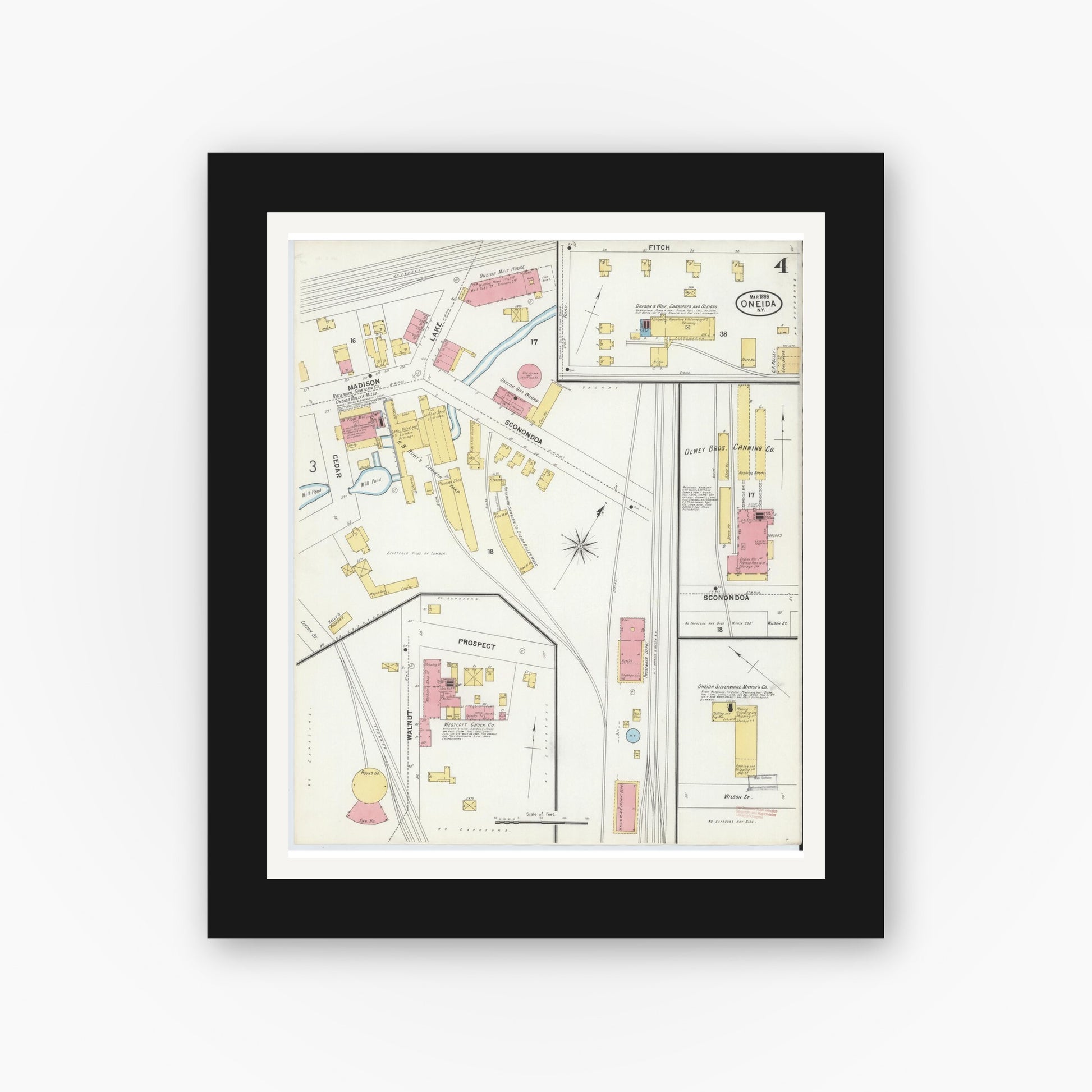 Old map wall art mockup — black gallery frame with white mat — Sanborn Fire Insurance Map from Oneida, Madison County, New York (1899), Sheet #0004