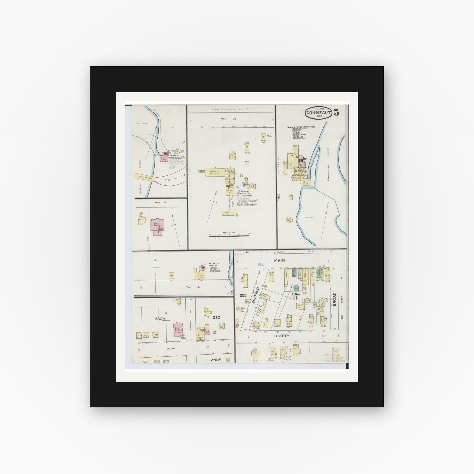 Old map wall art mockup — black gallery frame with white mat — Sanborn Fire Insurance Map from Conneaut, Ashtabula County, Ohio (1889), Sheet #0005