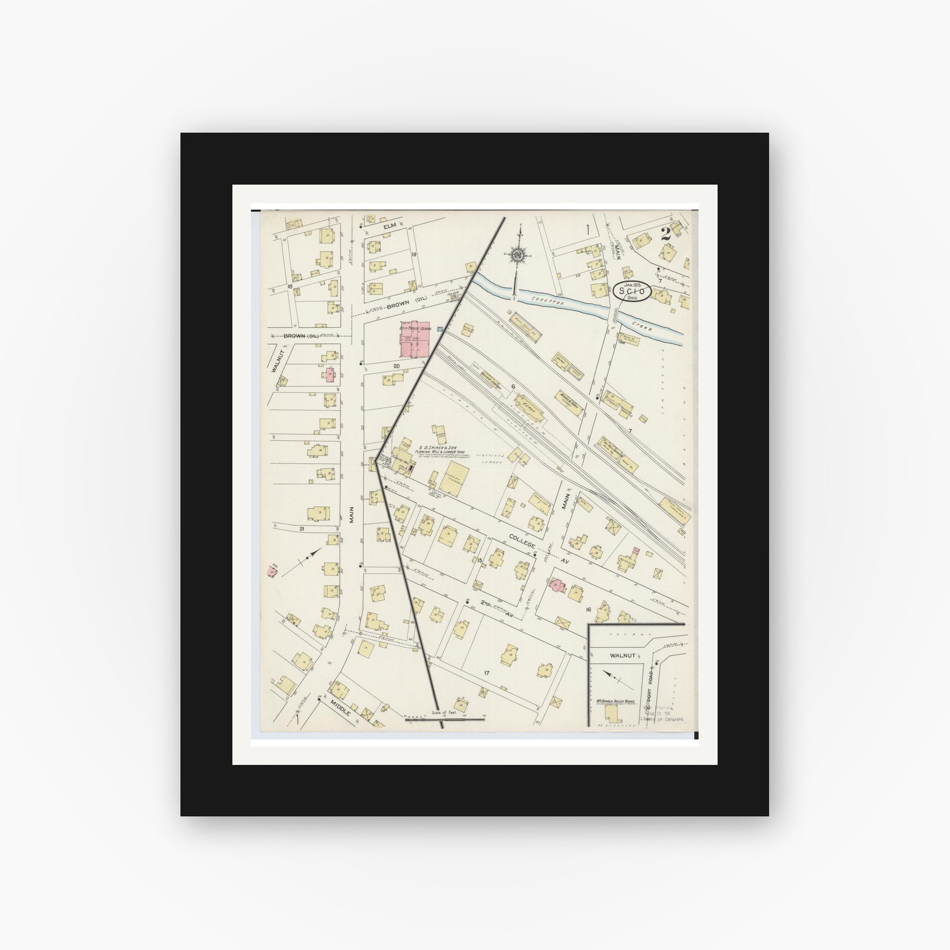 Old map wall art mockup — black gallery frame with white mat — Sanborn Fire Insurance Map from Scio, Harrison County, Ohio (1915), Sheet #0002