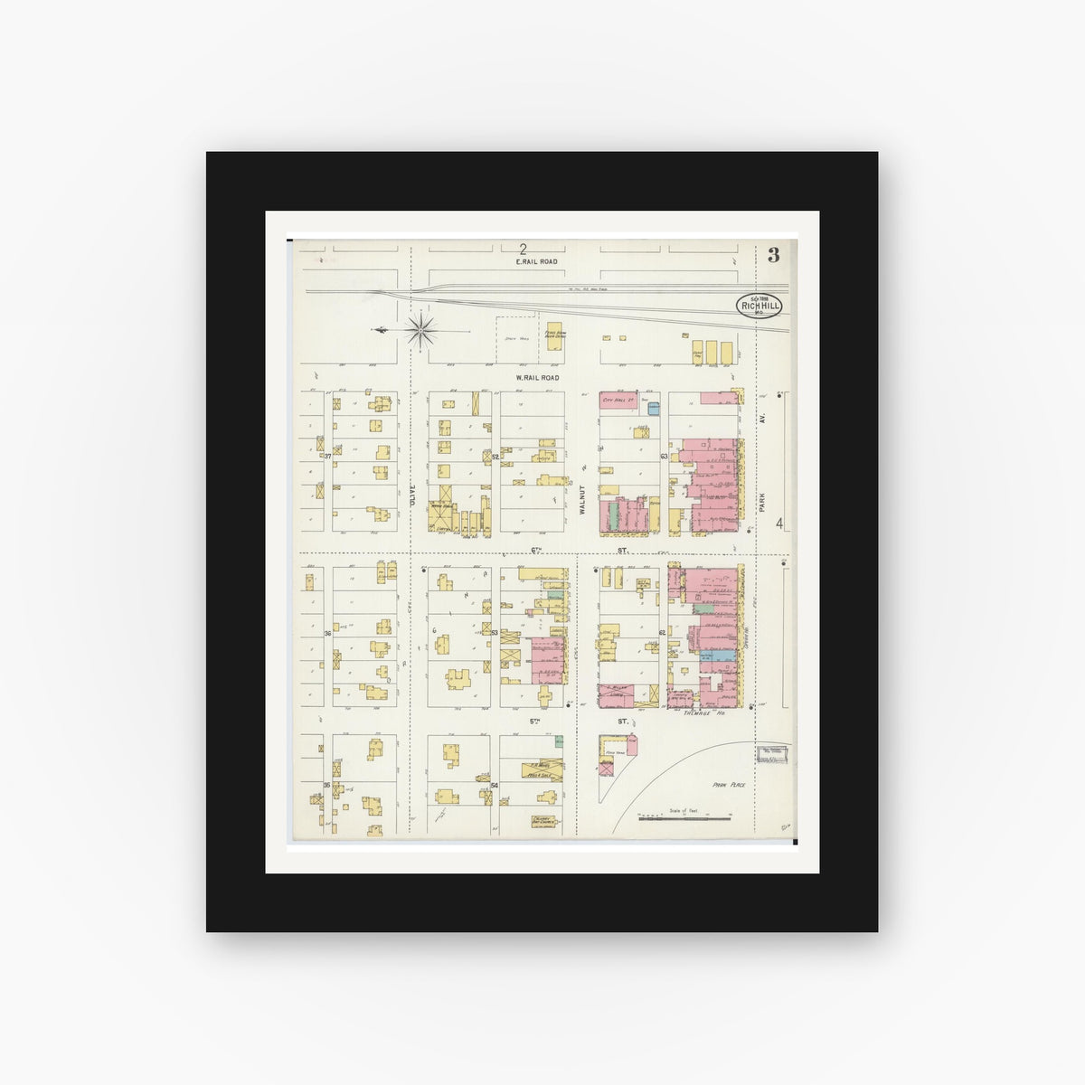 Old map wall art mockup — black gallery frame with white mat — Sanborn Fire Insurance Map from Rich Hill, Bates County, Missouri (1898), Sheet #0003
