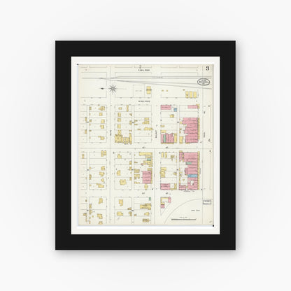 Old map wall art mockup — black gallery frame with white mat — Sanborn Fire Insurance Map from Rich Hill, Bates County, Missouri (1898), Sheet #0003