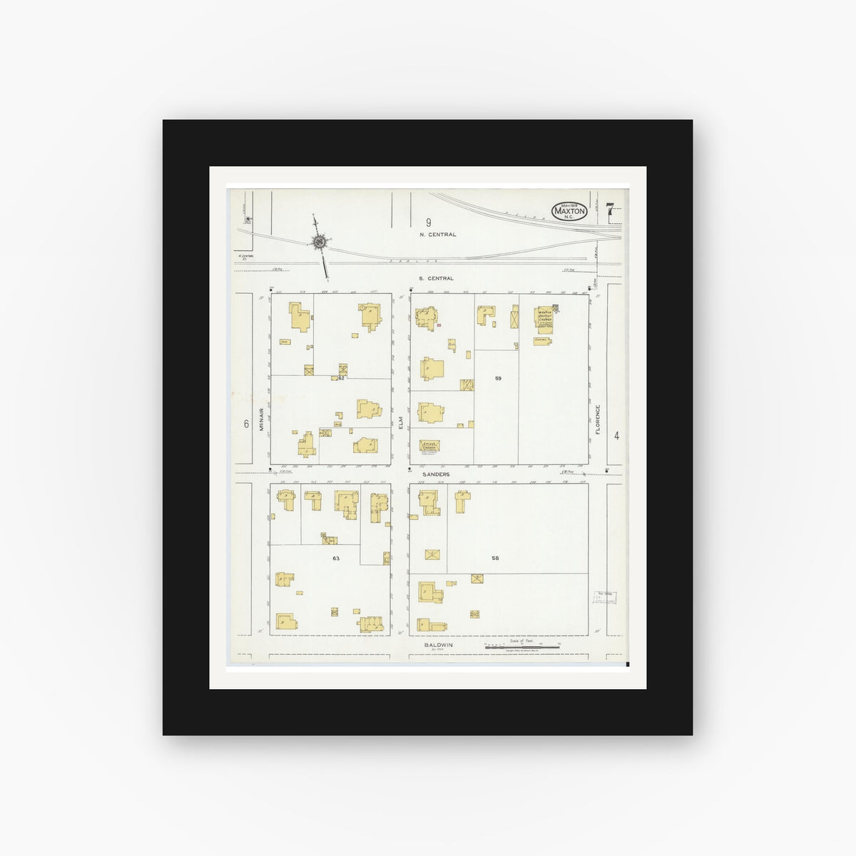 Old map wall art mockup — black gallery frame with white mat — Sanborn Fire Insurance Map from Maxton, Robeson County, North Carolina (1919), Sheet #0007