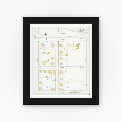 Old map wall art mockup — black gallery frame with white mat — Sanborn Fire Insurance Map from Maxton, Robeson County, North Carolina (1919), Sheet #0007