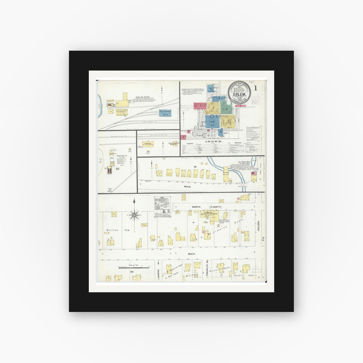 Old map wall art mockup — black gallery frame with white mat — Sanborn Fire Insurance Map from Salem, Marion County, Illinois (1908) - Complete Map Set