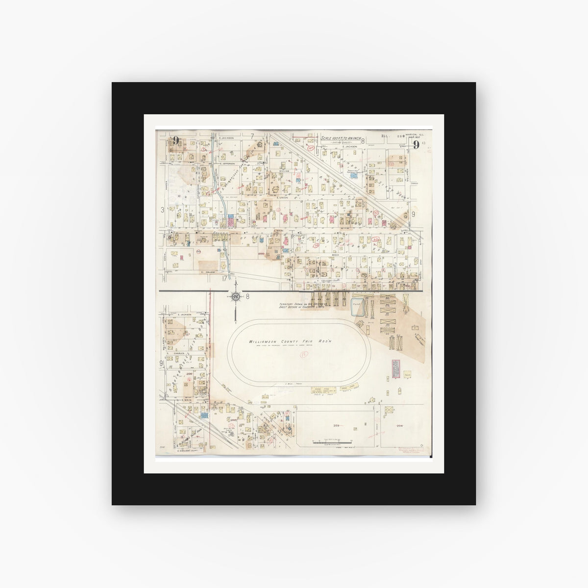 Old map wall art mockup — black gallery frame with white mat — Sanborn Fire Insurance Map from Marion, Williamson County, Illinois (1946), Sheet #0009