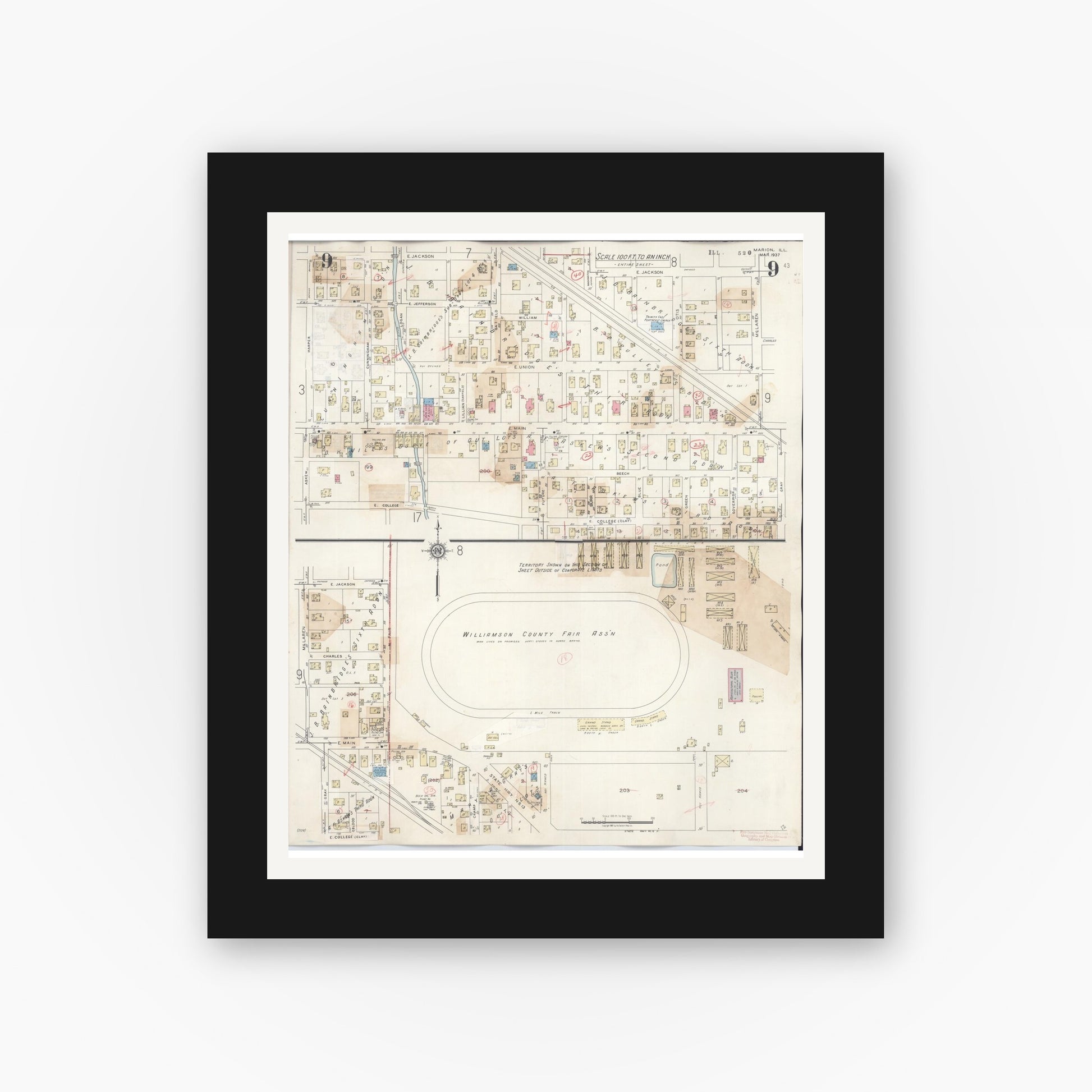 Old map wall art mockup — black gallery frame with white mat — Sanborn Fire Insurance Map from Marion, Williamson County, Illinois (1946), Sheet #0009