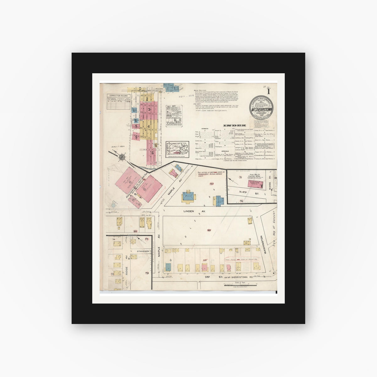 Old map wall art mockup — black gallery frame with white mat — Sanborn Fire Insurance Map from McSherrystown, Adams County, Pennsylvania (1940) - Complete Map Set