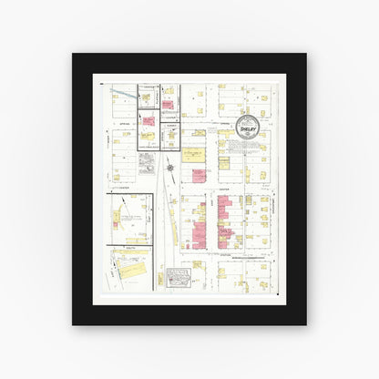 Old map wall art mockup — black gallery frame with white mat — Sanborn Fire Insurance Map from Shelby, Shelby County, Iowa (1918), Sheet #0001