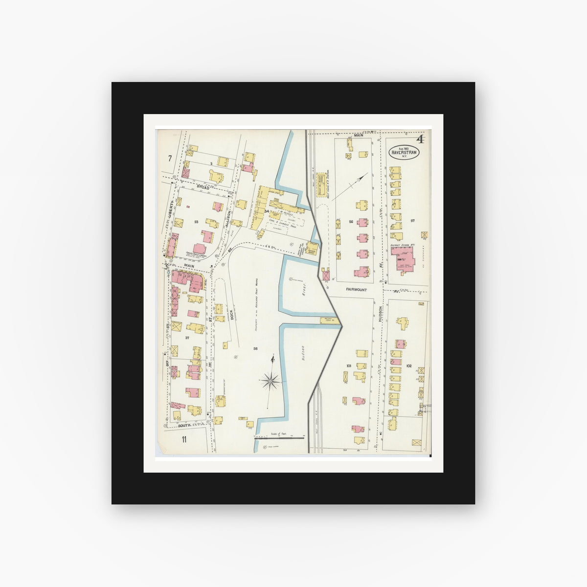 Old map wall art mockup — black gallery frame with white mat — Sanborn Fire Insurance Map from Haverstraw, Rockland County, New York (1903), Sheet #0004