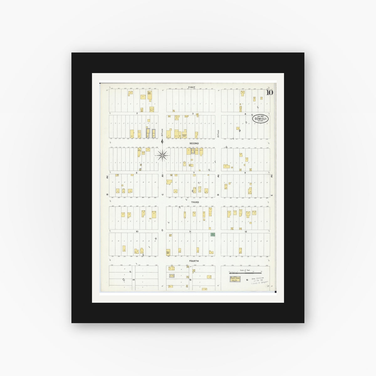 Old map wall art mockup — black gallery frame with white mat — Sanborn Fire Insurance Map from Bemidji, Beltrami County, Minnesota (1909), Sheet #0010