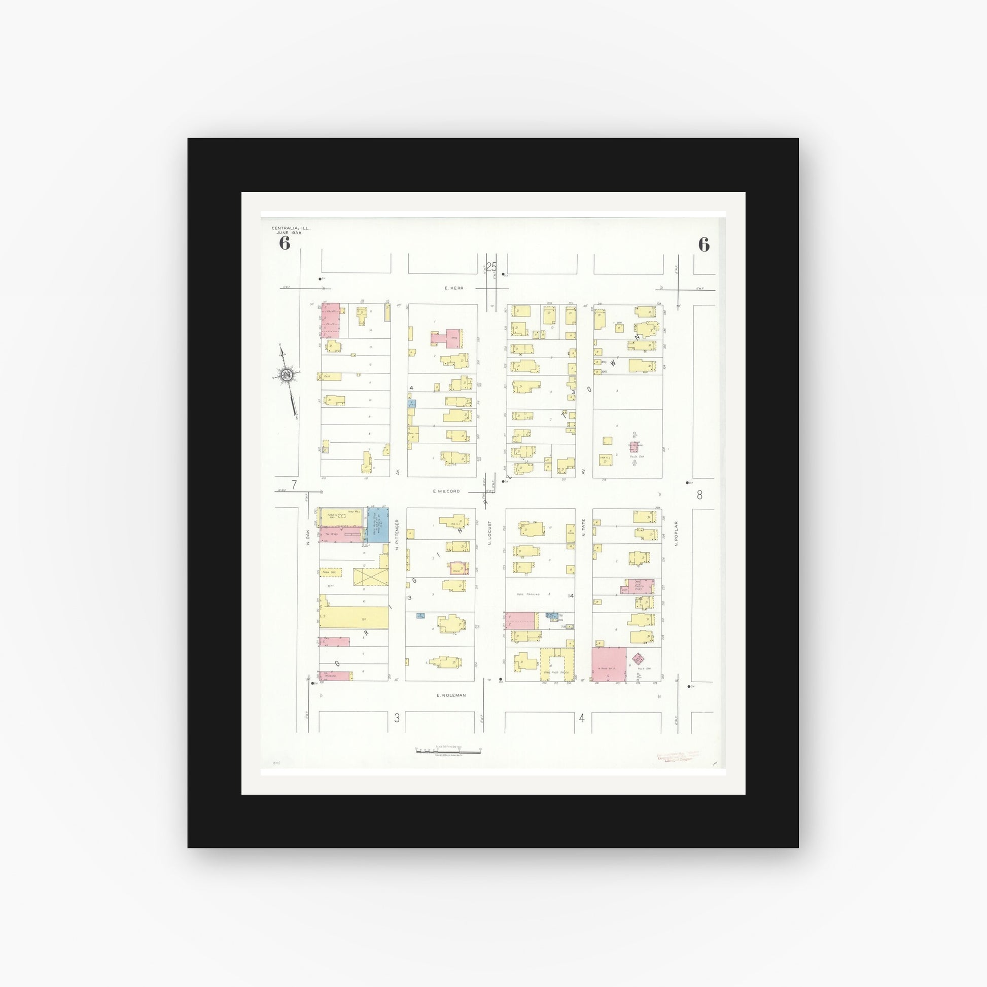 Old map wall art mockup — black gallery frame with white mat — Sanborn Fire Insurance Map from Centralia, Marion, Clinton, Jefferson, and Washington Counties, Illinois (1938), Sheet #0006