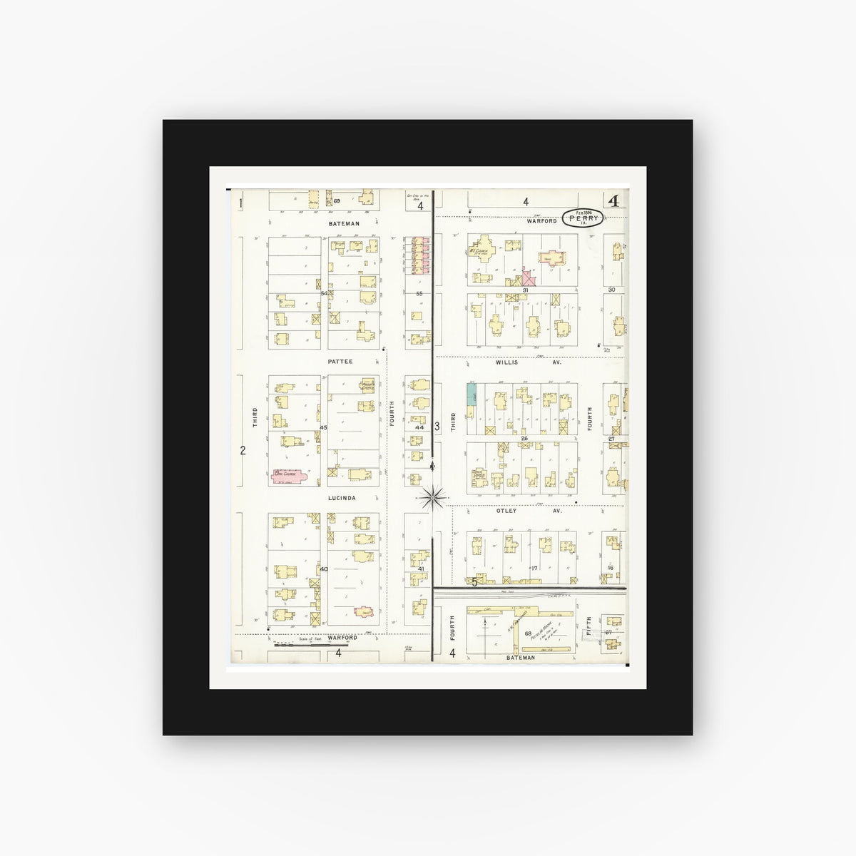 Old map wall art mockup — black gallery frame with white mat — Sanborn Fire Insurance Map from Perry, Dallas County, Iowa (1896), Sheet #0004